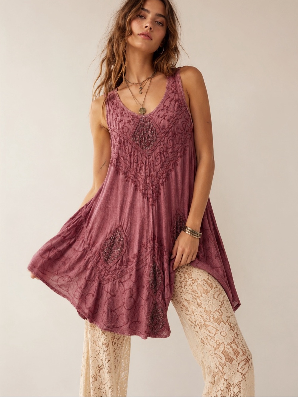 VTG Woman Gauze Embroidered Relax Asymmetrical Sleeveless Tunic Dress Boho Folk